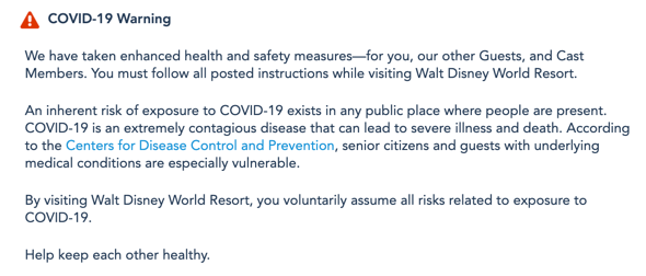 Walt Disney World COVID-19 Warning
