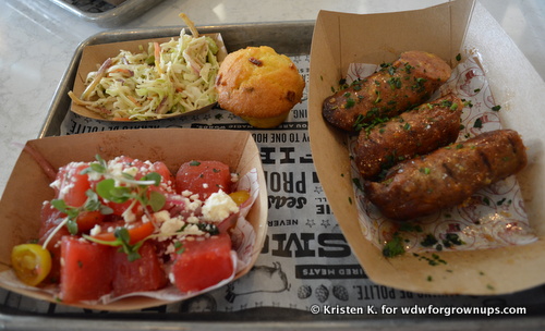 BBQ Cheddar Sausage, Cornbread, Slaw, and Watermelon Salad