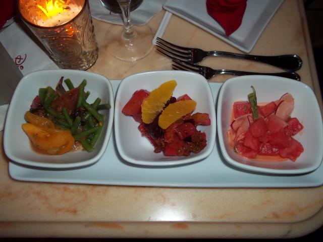 THIS WAS AMAZING! Seasonal Salad Trio - Green Been, Tomato and Roasted Shallot Salad; Roasted Beet, Gold Raisin and Orange Salad; Watermelon, Radish, and Mint salad
